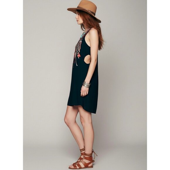 VINTAGE Free People Black Boho Embroidered Dress • Tassel Cutout Back Y2K Hippie - Picture 7 of 16